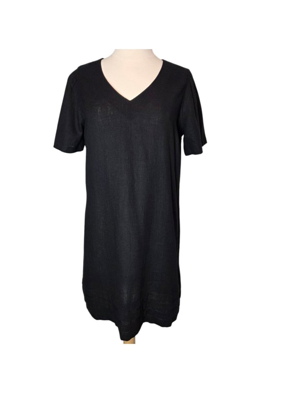 Linen Blend Dress Black Pleated Midi Coastal Minimalist Small